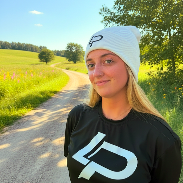 Woman wearing a black graphic tee and matching white beanie with a bold "LP" logo, standing on a sunny rural dirt road surrounded by green fields and trees — apparel lifestyle photo.
