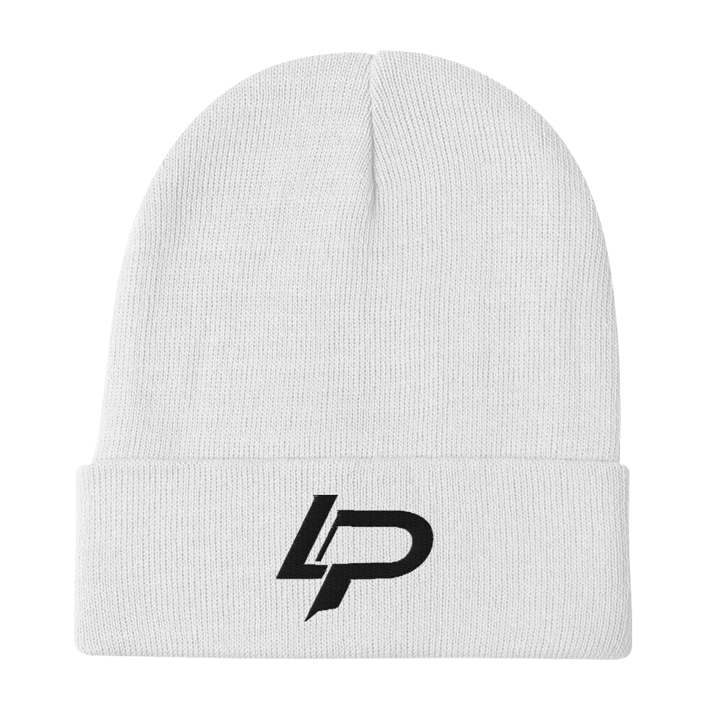 White knit cuffed beanie with a bold black embroidered "LP" monogram logo on the cuff, shown on a transparent background.