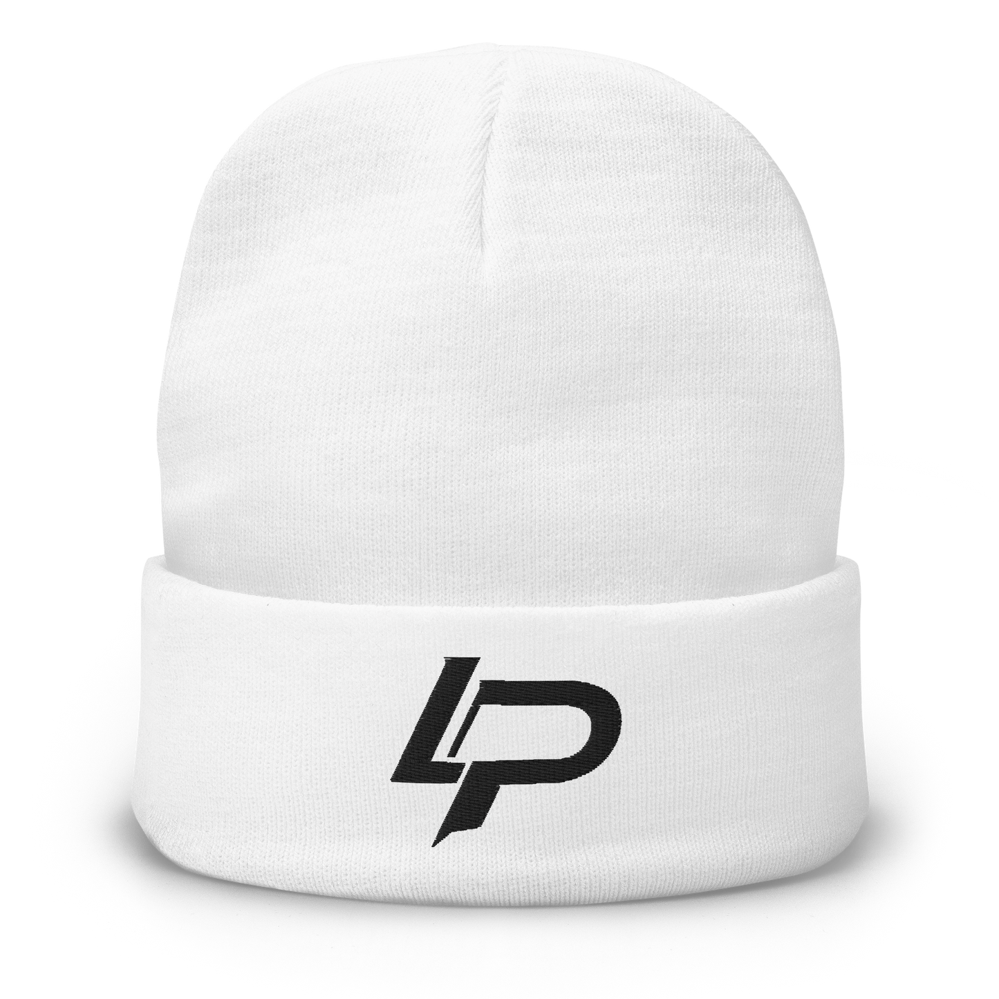 White cuffed knit beanie with a bold black embroidered "LP" monogram logo on the folded cuff, shown against a transparent background.