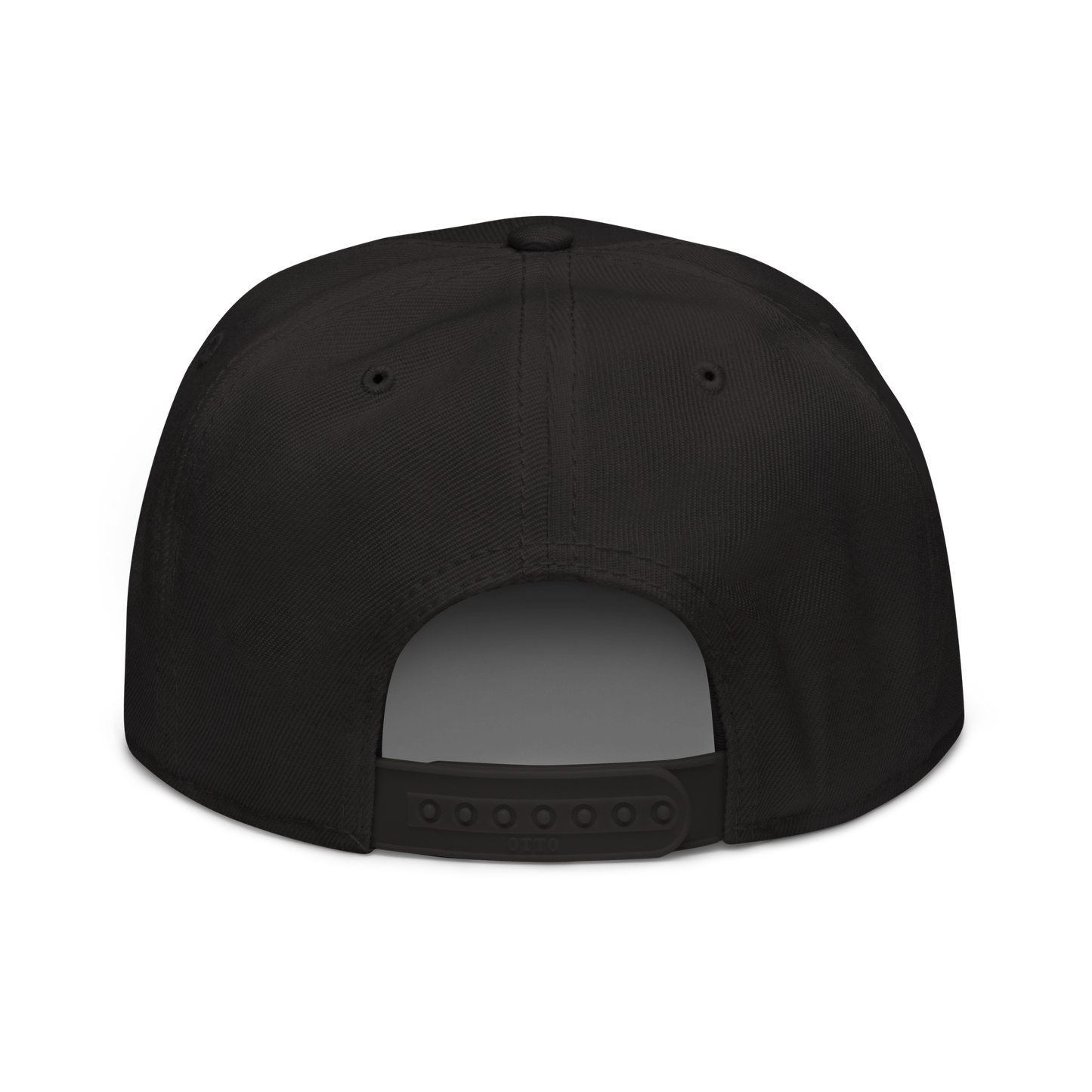 Back view of a solid black structured snapback cap with adjustable snap closure, shown on a transparent background.
