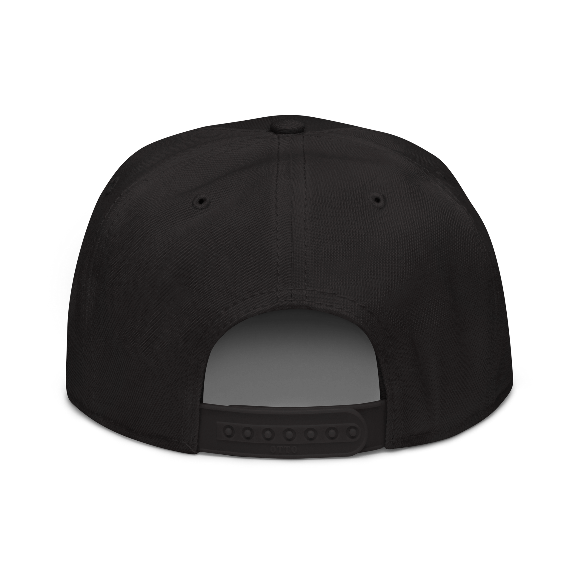 Back view of a solid black structured snapback cap with adjustable snap closure, shown on a transparent background.