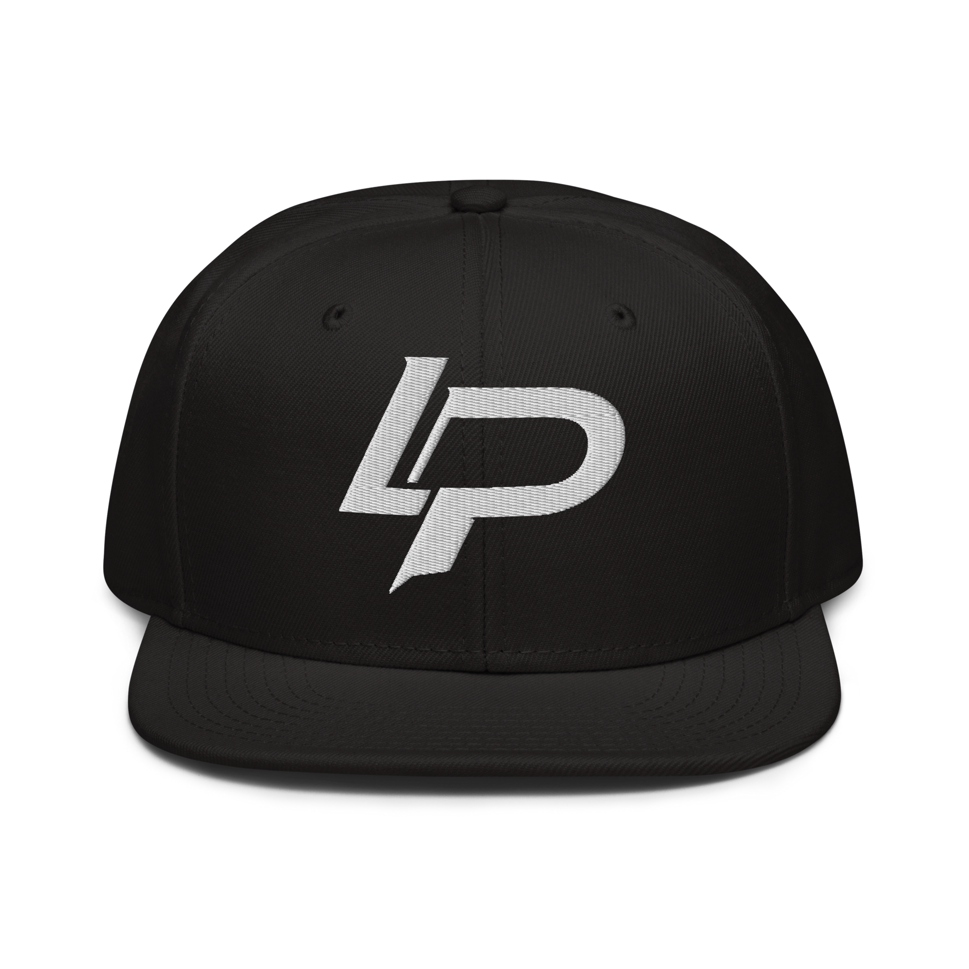 Black flat-brim snapback hat with a bold white embroidered "LP" monogram logo centered on the front panel, snapback cap.