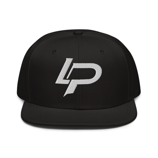 Black flat-brim snapback hat with a bold white embroidered "LP" monogram logo centered on the front panel, snapback cap.