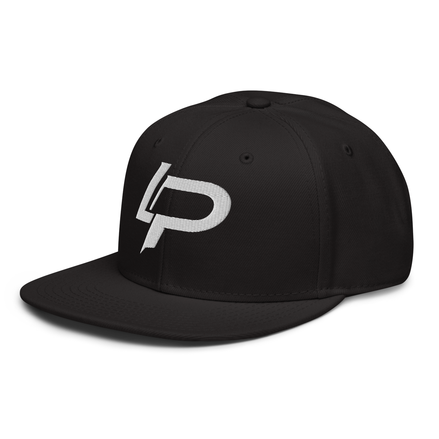 Black structured snapback hat with a bold white embroidered "LP" monogram logo on the front panel. Snapback cap shown from the left side.