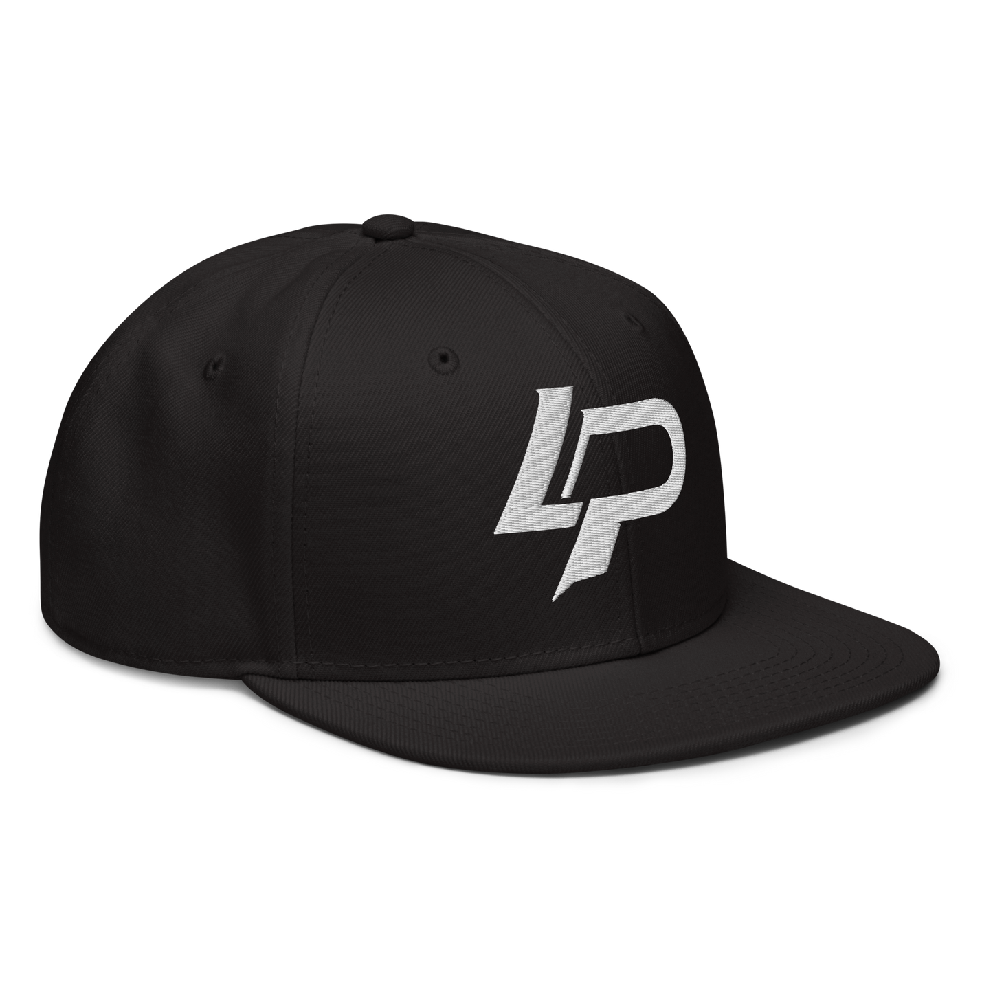 Black flat-brim snapback hat with a bold white embroidered "LP" monogram logo on the front panel. Snapback cap shown from the right side.