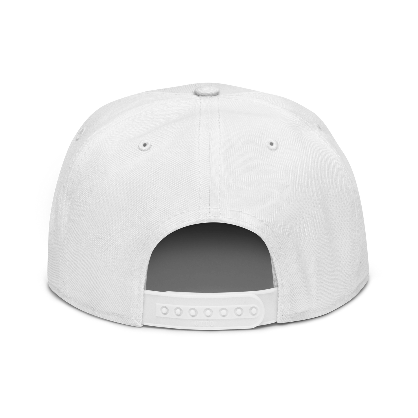 Back view of a plain white structured snapback cap with a flat brim and adjustable snap closure, shown on a transparent background.