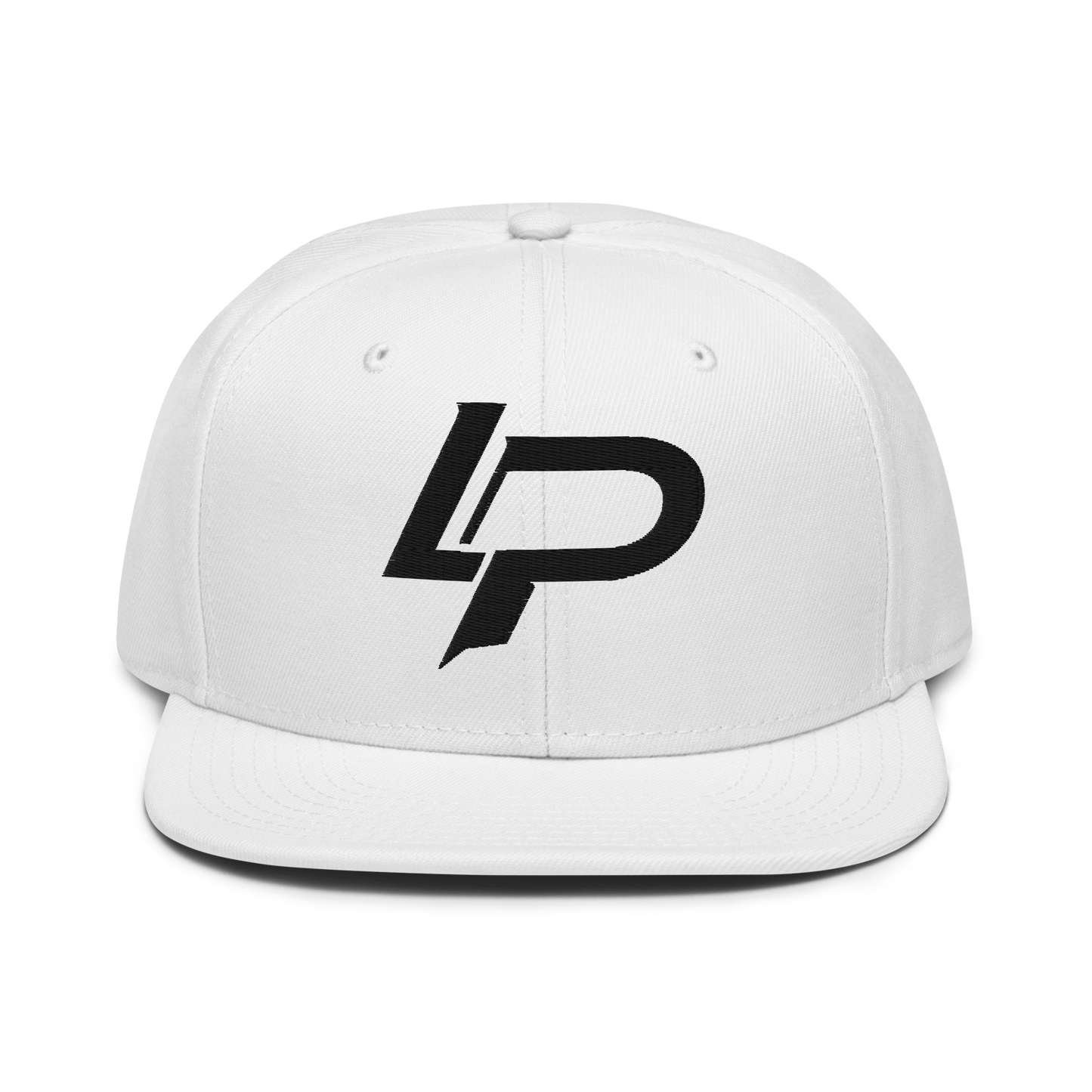 White structured snapback hat with bold black embroidered "LP" monogram logo centered on the front panel, snapback cap.