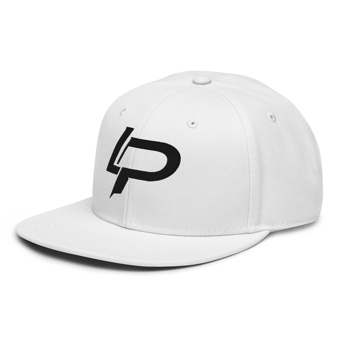 White flat-brim snapback hat with a bold black embroidered "LP" monogram logo on the front panel. Snapback cap shown from the left side.