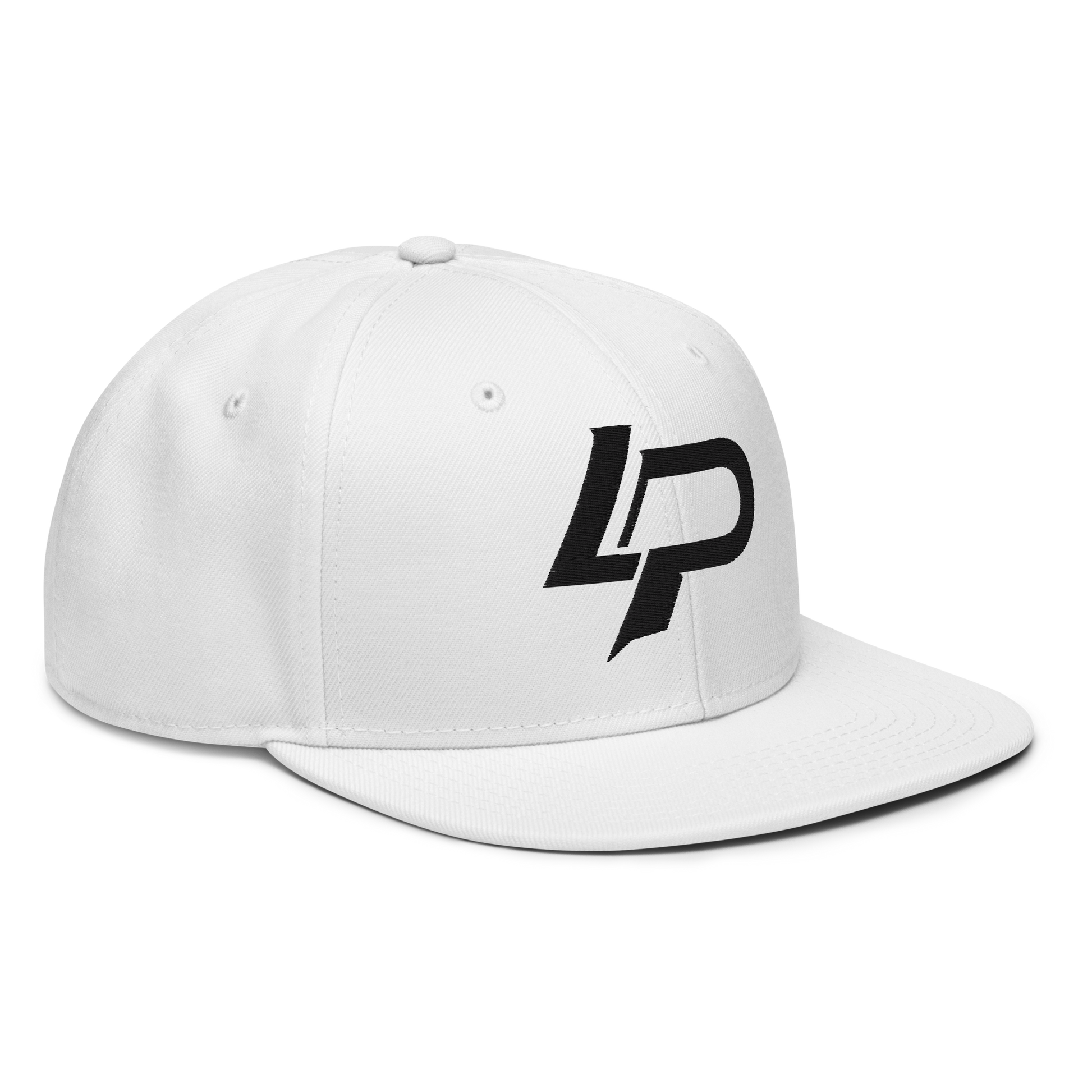 White structured snapback hat with bold black embroidered "LP" monogram logo on the front panel, flat brim, angled right side view. Snapback cap.