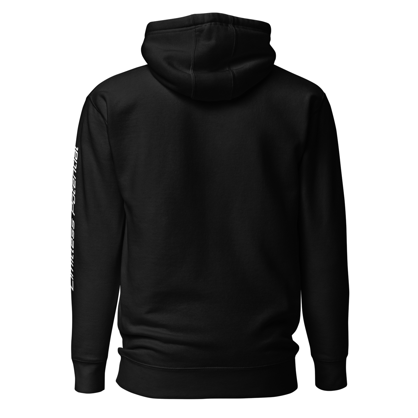 Back view of a black pullover hoodie with "Limitless Potential" printed vertically in white along the left sleeve, apparel.