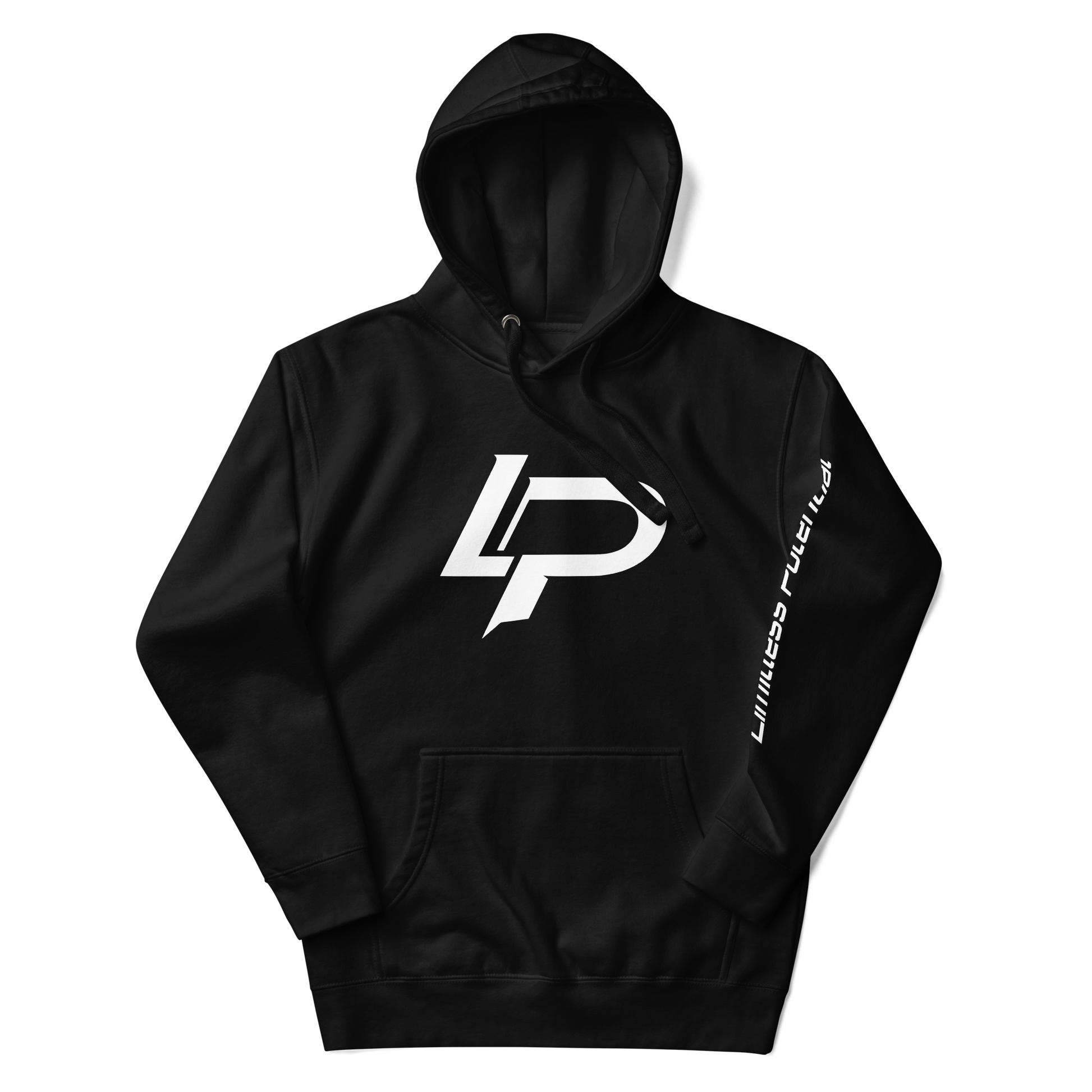 Black pullover hoodie with a bold white "LP" monogram logo on the chest and "Limitless Potential" printed vertically along the left sleeve.
