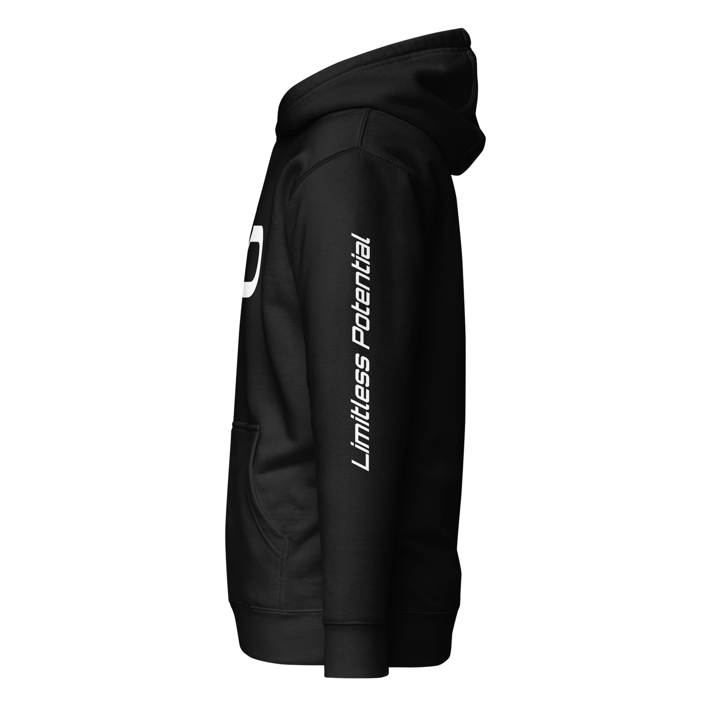 Black pullover hoodie shown from the left side, with "Limitless Potential" printed vertically in white text along the left sleeve.