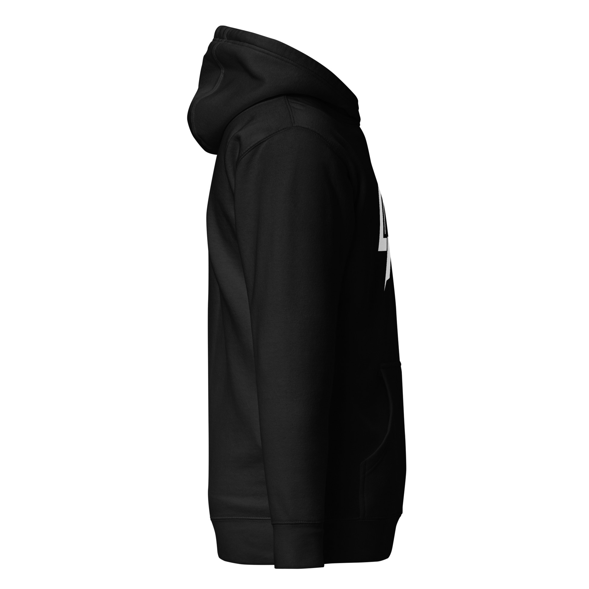 Black pullover hoodie shown from the right side, with a partial visual of the white LP logo visible on the chest area, apparel.