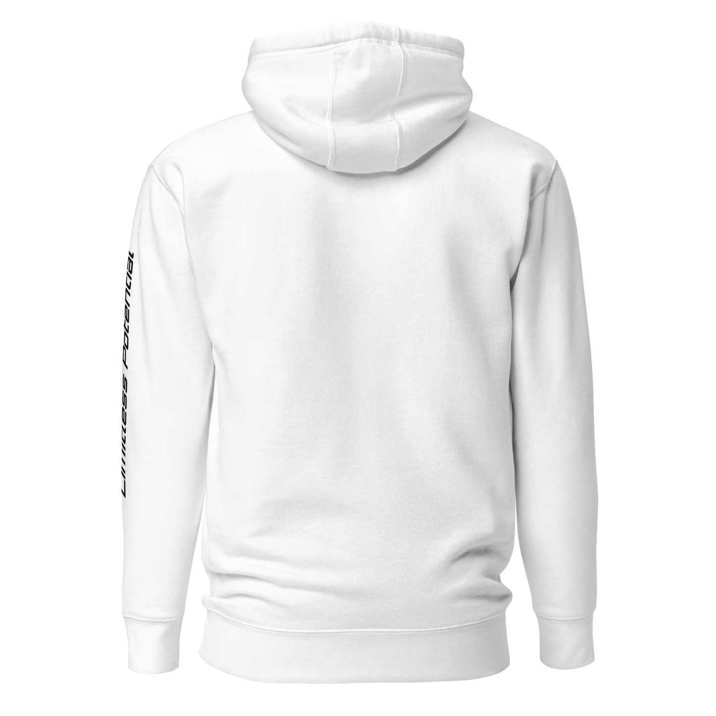 Back view of a plain white pullover hoodie with "Limitless Potential" printed vertically in black along the left sleeve, apparel.