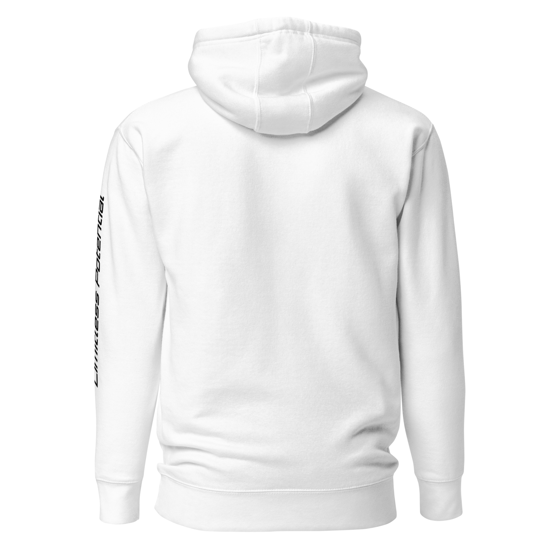 Back view of a plain white pullover hoodie with "Limitless Potential" printed vertically in black along the left sleeve, apparel.