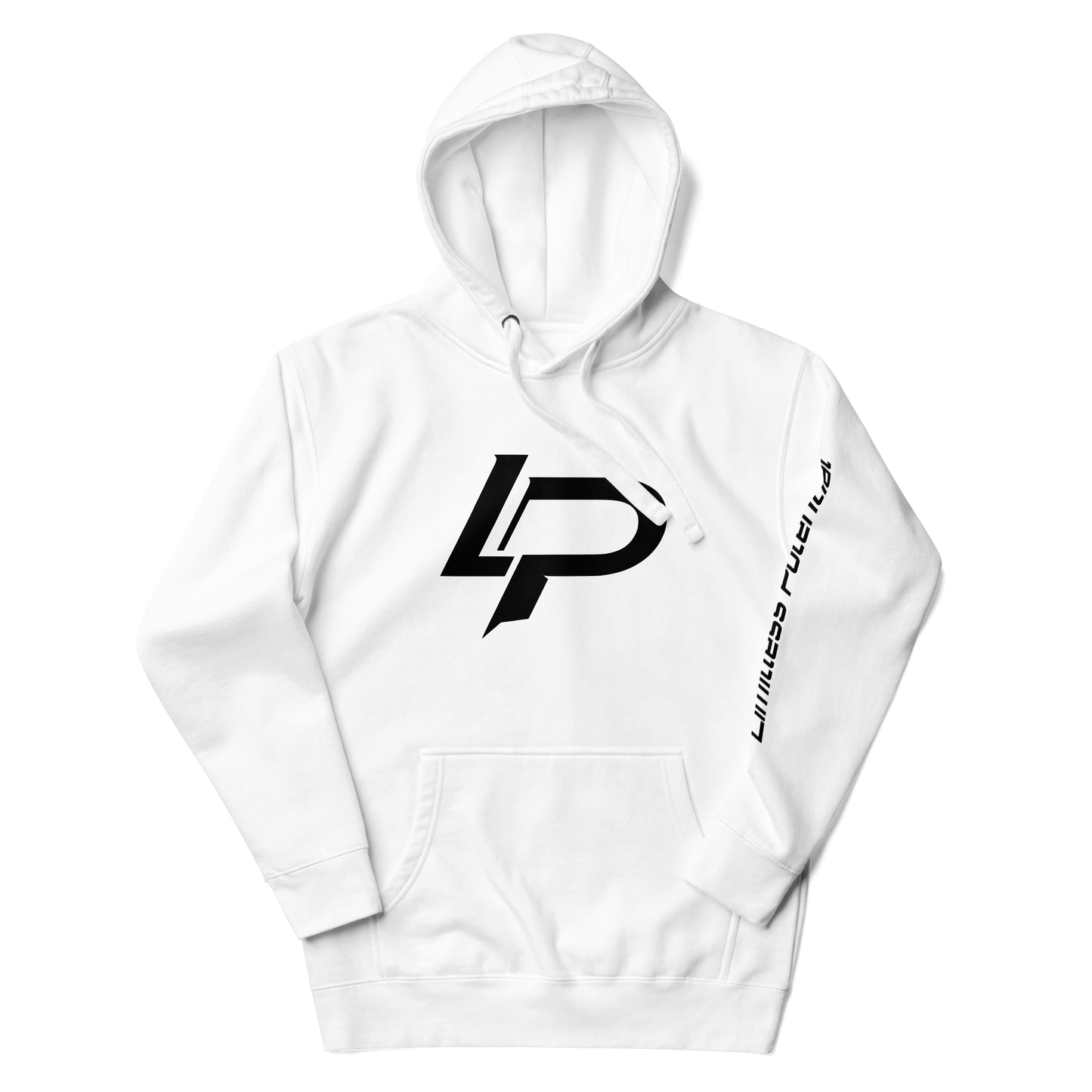 White pullover hoodie with a bold black "LP" monogram logo on the chest and "Limitless Potential" printed vertically along the left sleeve, apparel.