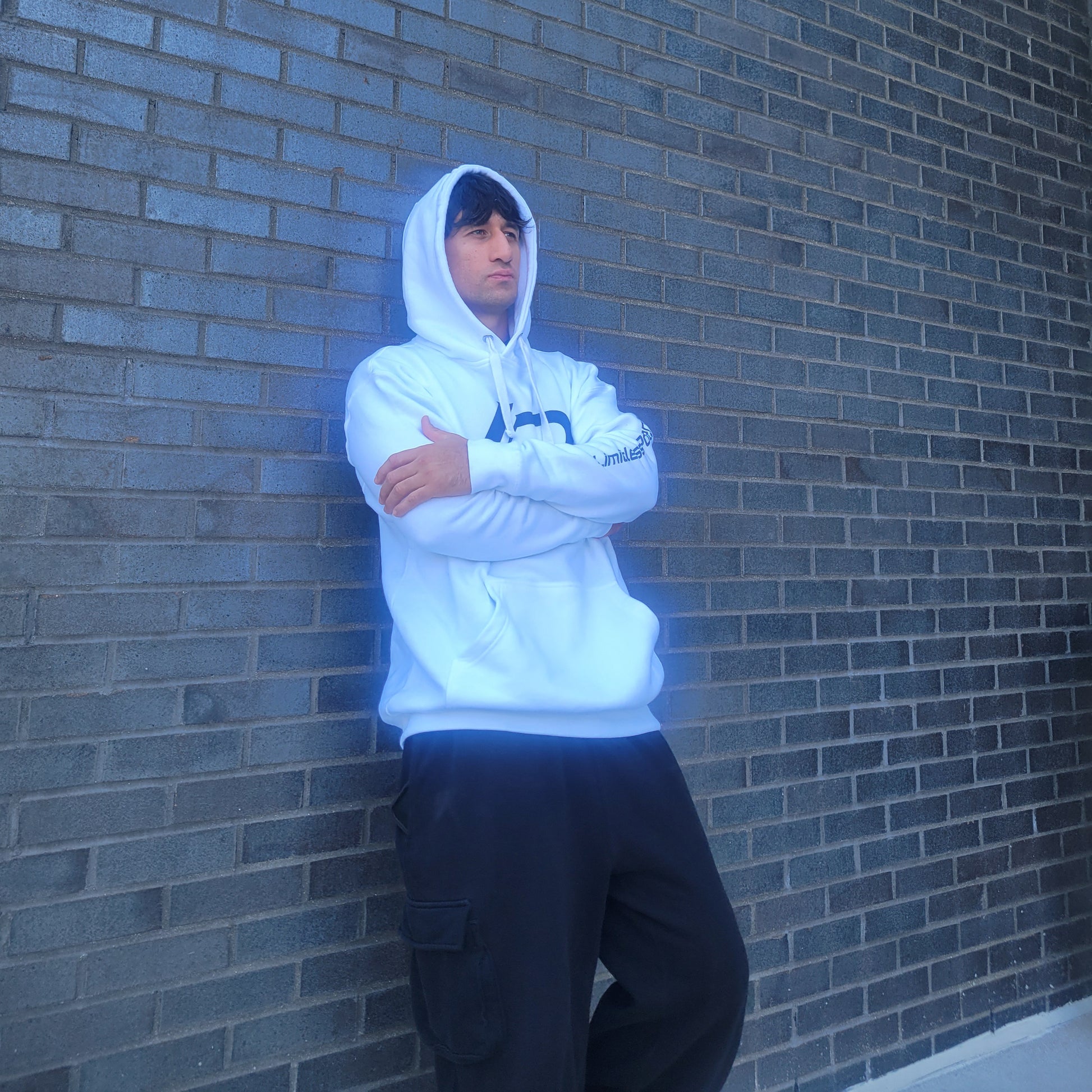 Man with arms crossed leaning against a gray brick wall wearing a white pullover hoodie with black LP graphic print and sleeve text, surrounded in the shade — apparel lifestyle photo.