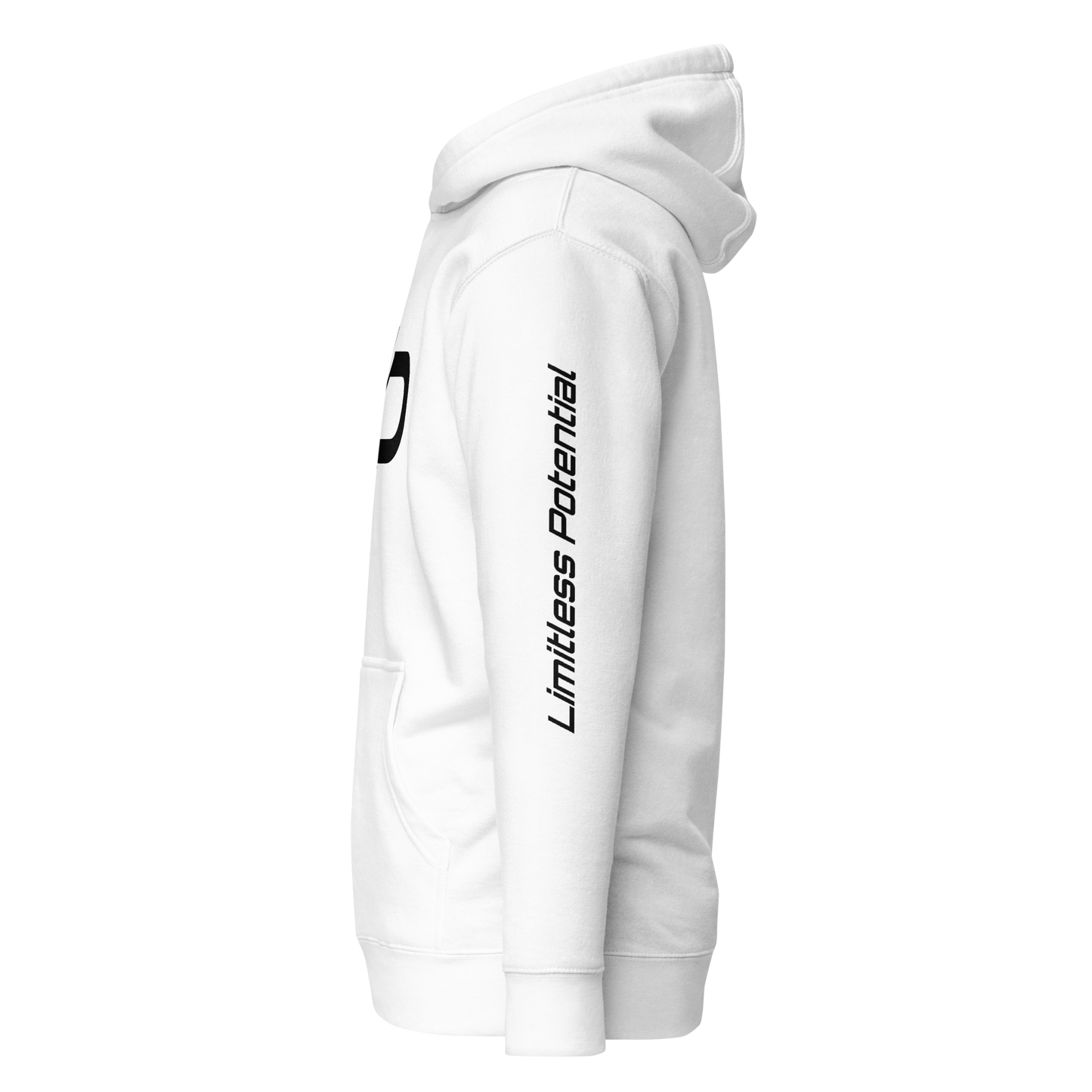 White pullover hoodie shown from the side, with black "Limitless Potential" printed along the left sleeve and a partial black graphic on the chest.