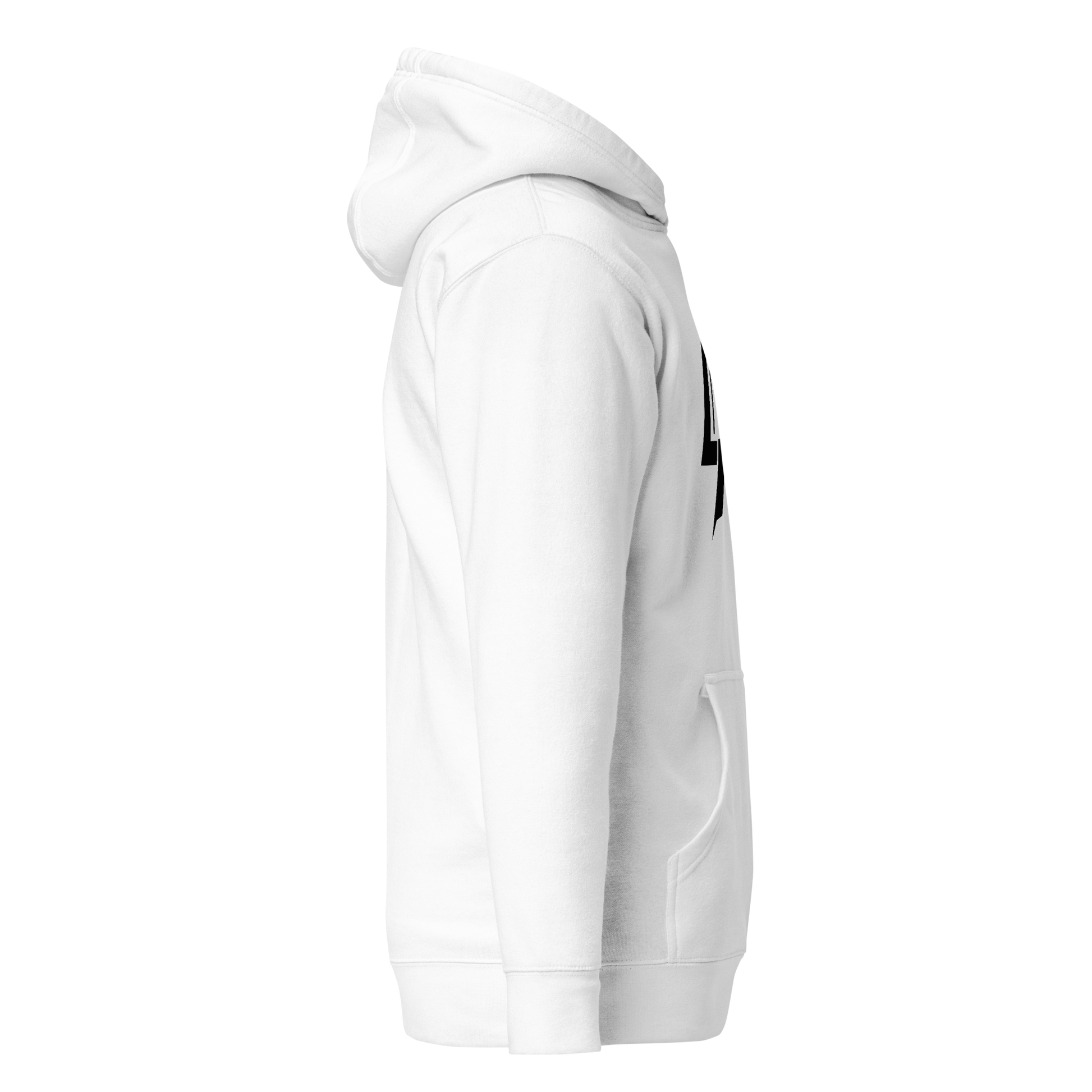 White pullover hoodie shown from the right side, featuring a partial LP black logo on the chest, with front pocket and ribbed cuffs, apparel.