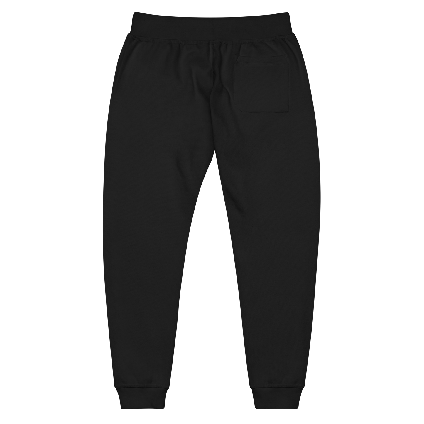 Back view of solid black fleece jogger sweatpants with elastic waistband, drawstring, rear pocket, and ribbed cuffs.