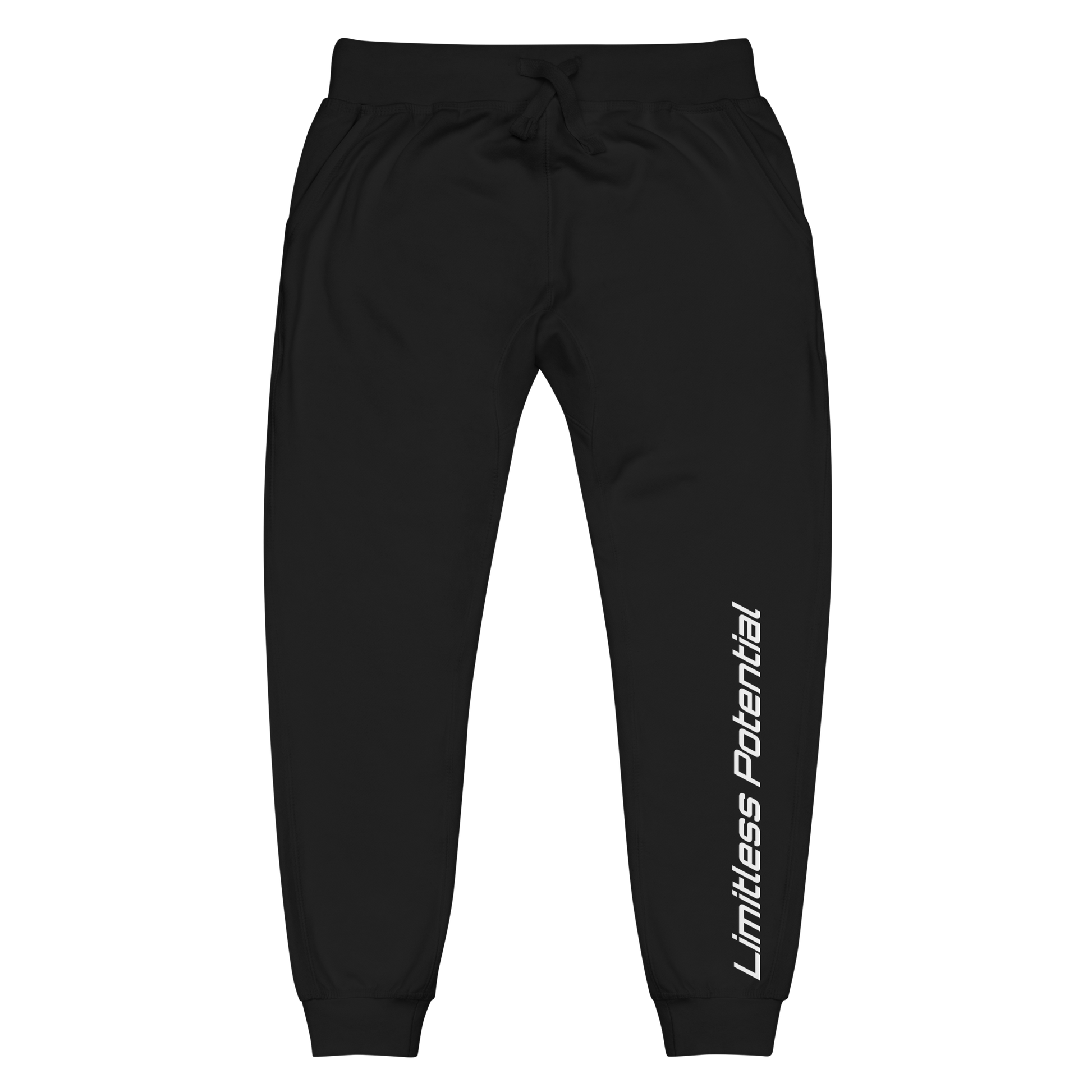 Black fleece jogger sweatpants with "Limitless Potential" printed vertically in white italic text along the lower left leg.