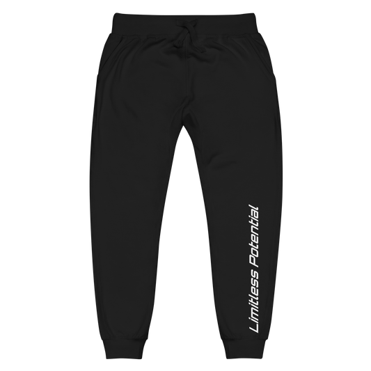 Black fleece jogger sweatpants with "Limitless Potential" printed vertically in white italic text along the lower left leg.