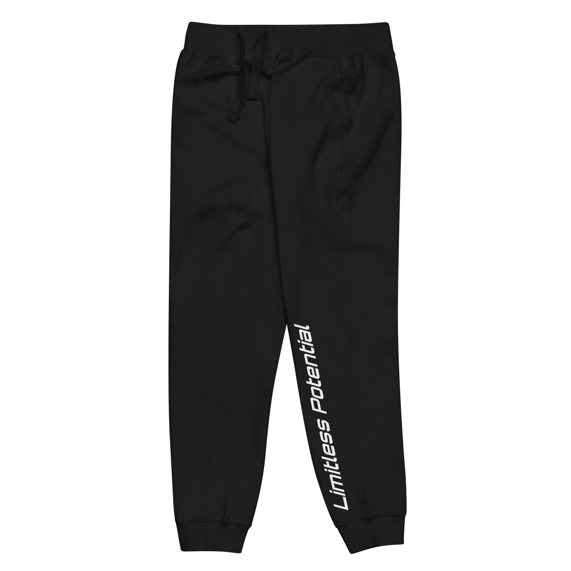 Black jogger sweatpants with white "Limitless Potential" text along the lower left leg, featuring a drawstring waist and ribbed cuffs, apparel.