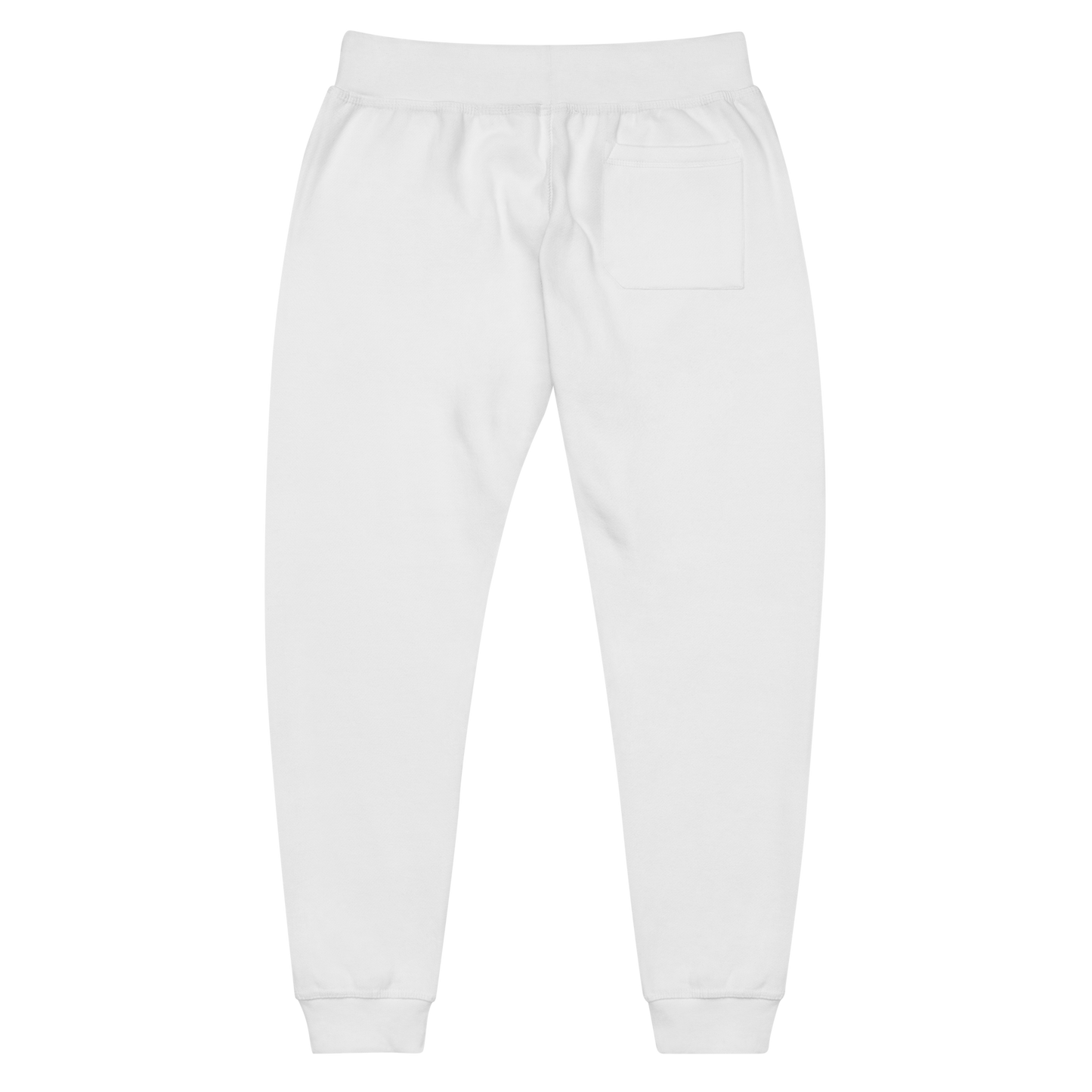 Back view of plain white fleece jogger sweatpants with elastic waistband, ribbed cuffs, and a single back pocket.