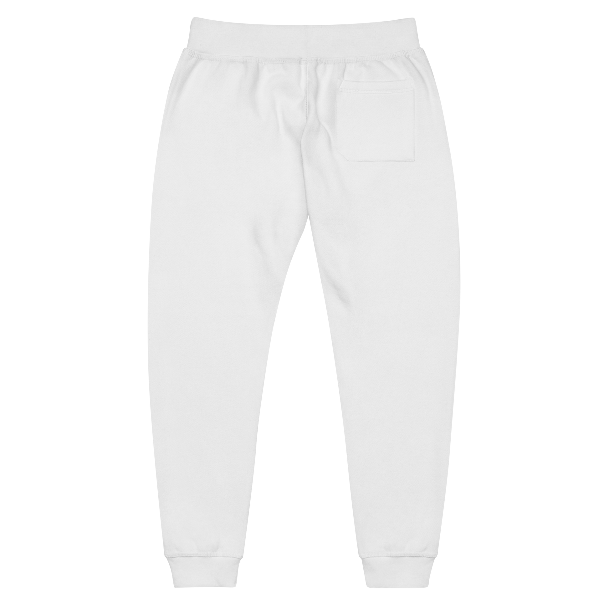 Back view of plain white fleece jogger sweatpants with elastic waistband, ribbed cuffs, and a single back pocket.