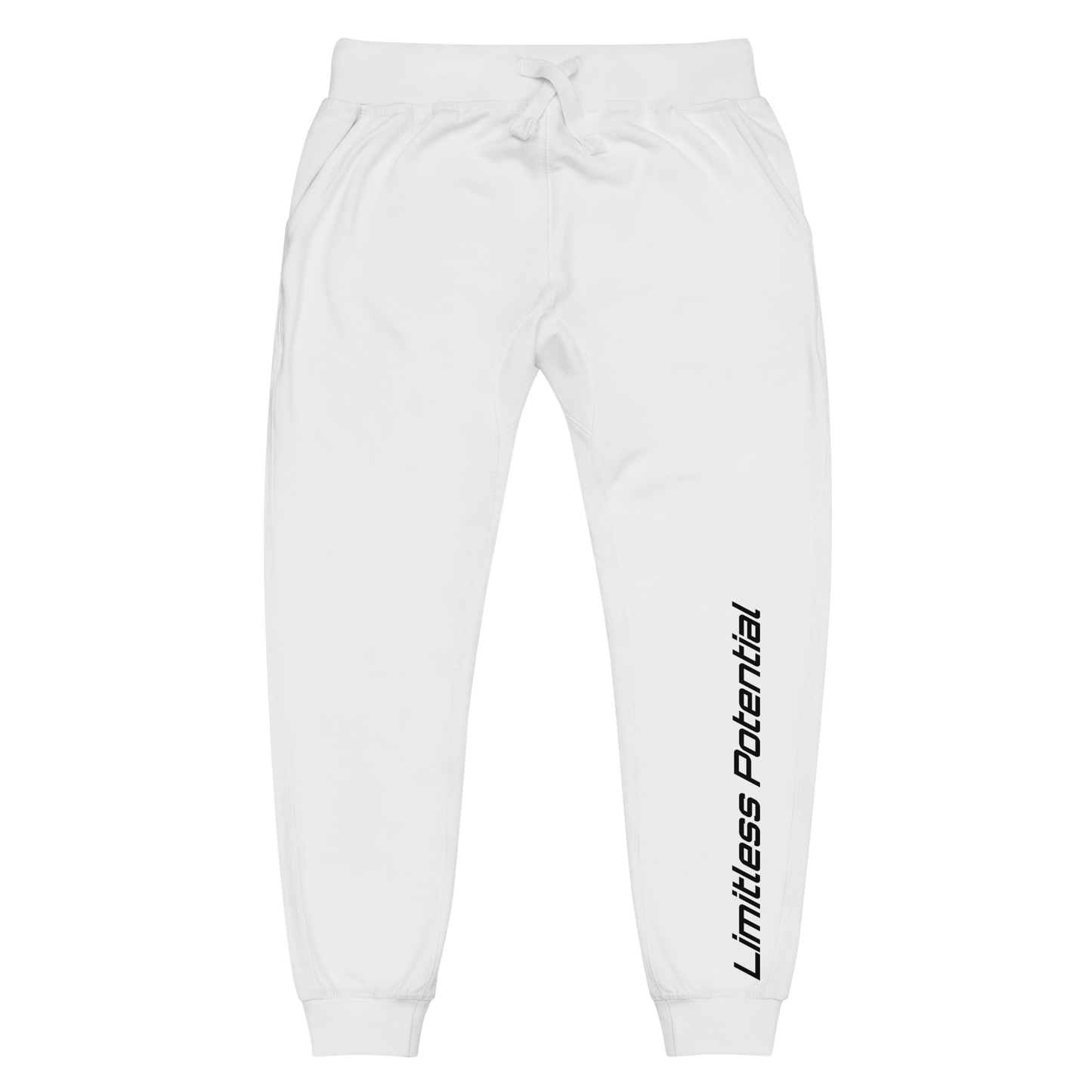 White fleece jogger sweatpants with "Limitless Potential" printed vertically in bold black italic text along the lower left leg, apparel.