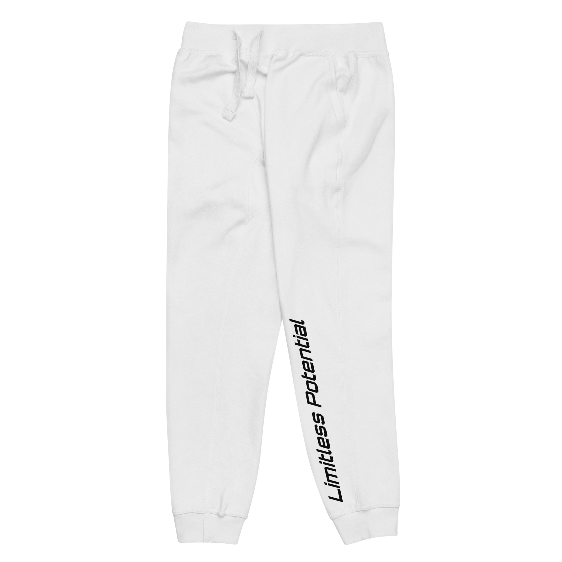 White fleece jogger sweatpants with "Limitless Potential" printed vertically in black along the lower left leg, drawstring waist, apparel.