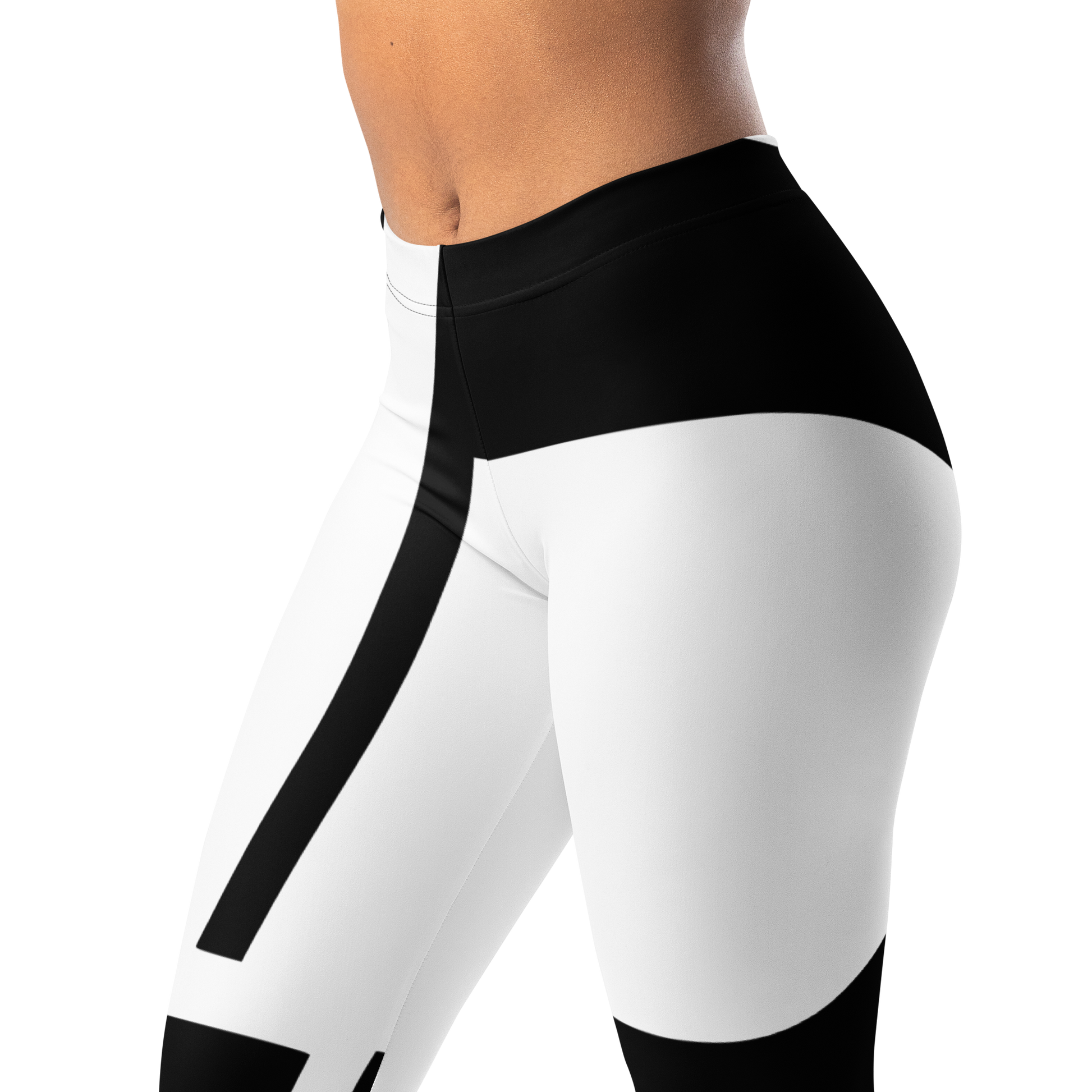 High-waisted leggings in bold black and white wraparound LP logo design, shown close-up on a model from waist to mid-thigh.