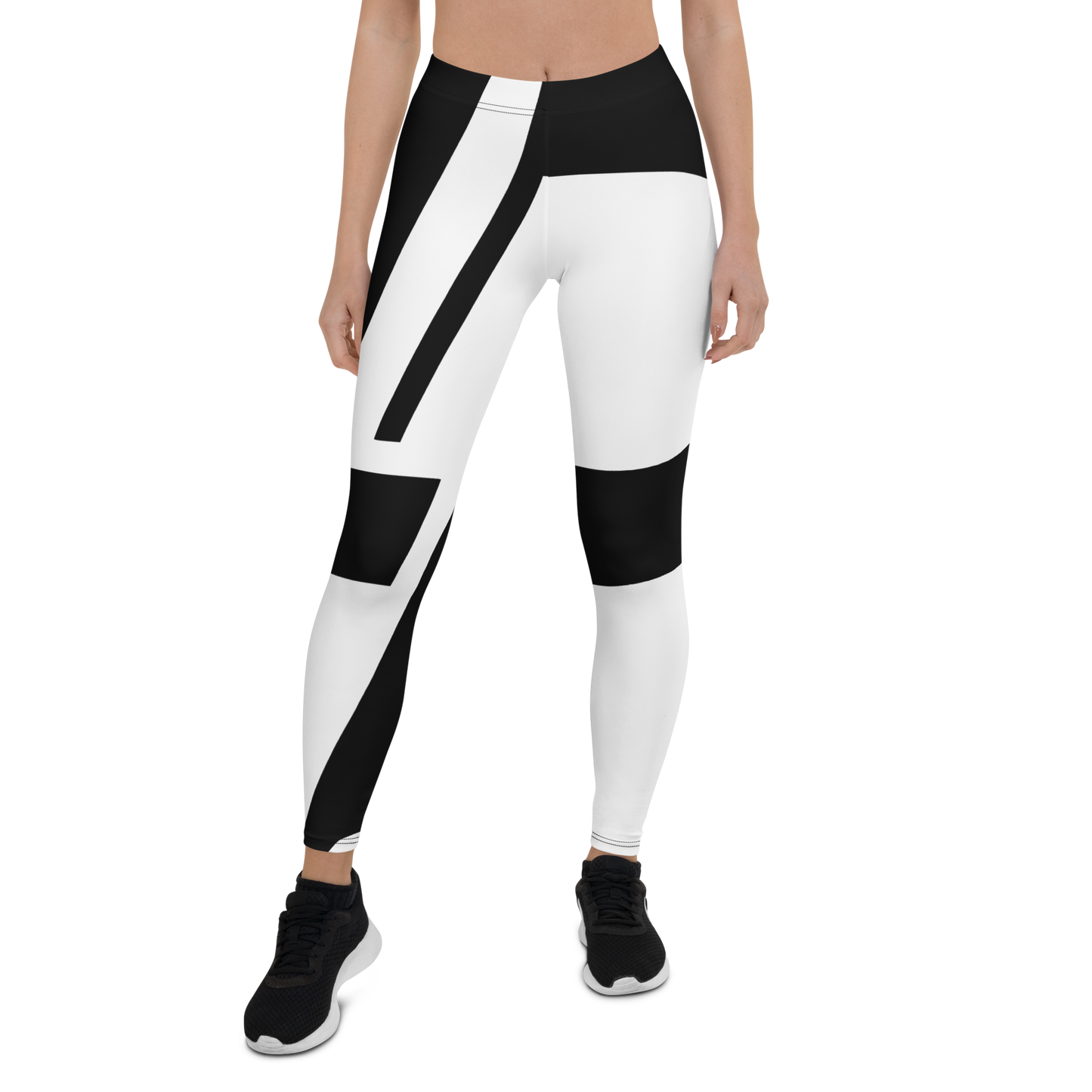 High-waisted leggings with bold black and white wraparound LP logo print, worn by a model with black sneakers, apparel.