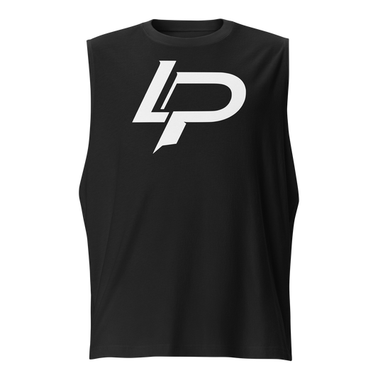 Black sleeveless muscle tank featuring a bold white "LP" monogram logo with sharp, angular letterforms on the chest.