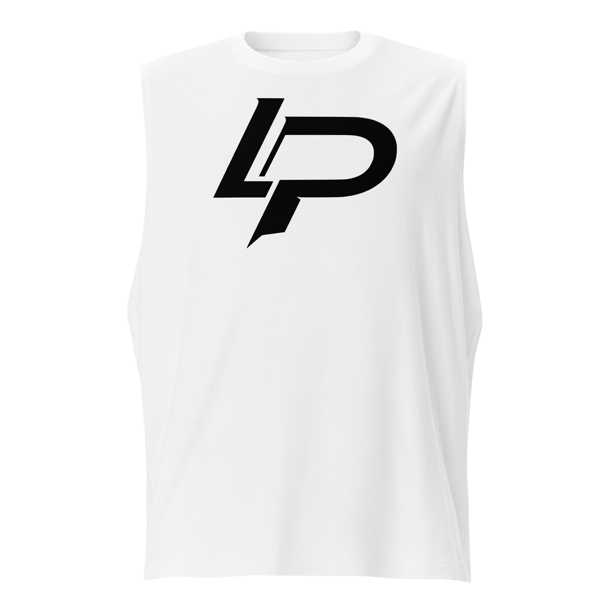 White sleeveless muscle tank with a bold black "LP" monogram logo in an athletic, italic style on the chest.