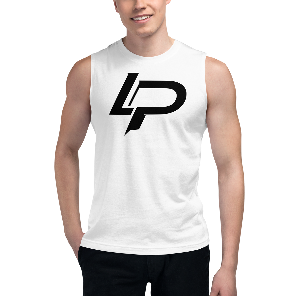 White sleeveless muscle shirt featuring a bold black "LP" monogram logo graphic, worn by a smiling male model against a transparent background.