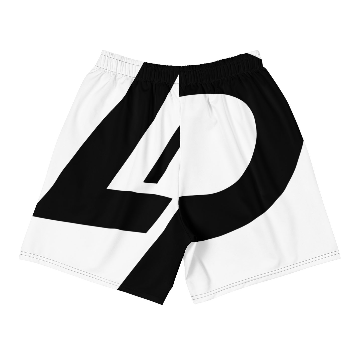 White athletic shorts with an oversized bold black "LP" monogram graphic spanning the full front, elastic waistband, athletic shorts.