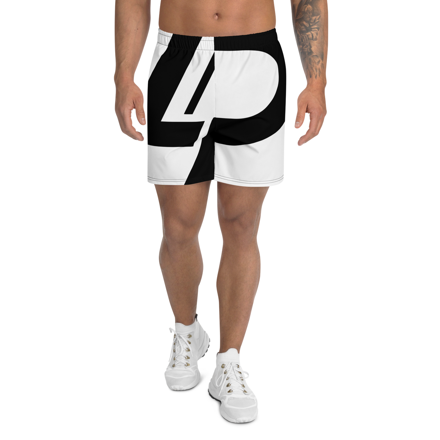 Athletic shorts shown from the front with a bold black and white all-over "LP" monogram graphic, worn by a male model, athletic shorts.