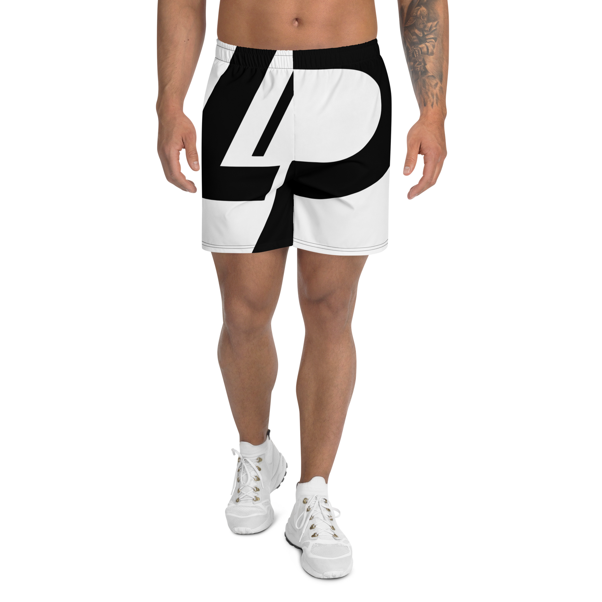 Athletic shorts shown from the front with a bold black and white all-over "LP" monogram graphic, worn by a male model, athletic shorts.
