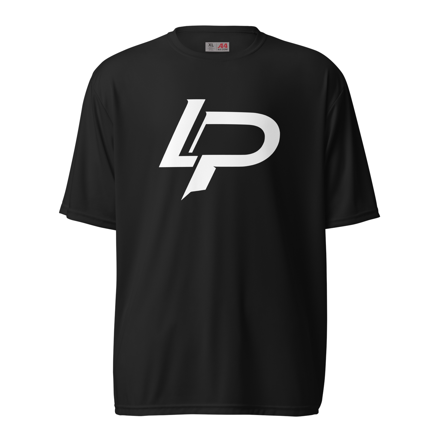 Black performance crew-neck tee featuring a bold white "LP" monogram logo centered on the chest, rendered in a sharp athletic style.