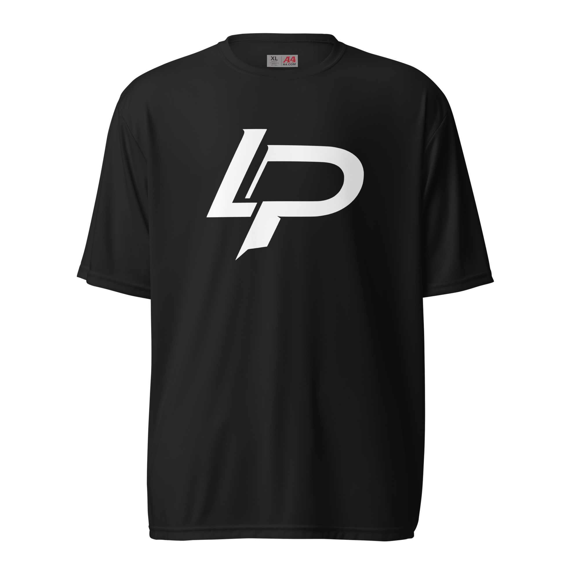 Black performance crew-neck tee featuring a bold white "LP" monogram logo centered on the chest, rendered in a sharp athletic style.