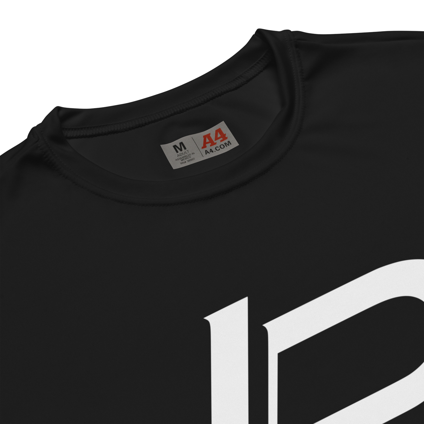 Close-up of a black athletic T-shirt with a large white LP logo graphic partially visible at the chest, A4 brand label at the neckline, apparel.