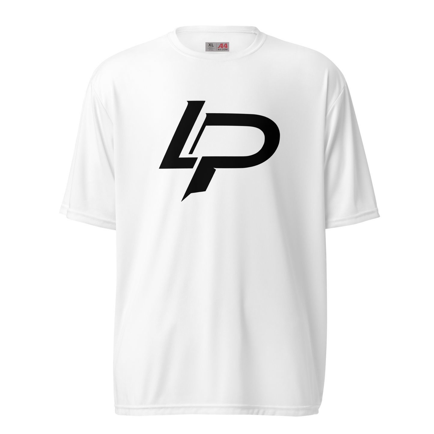 White unisex performance tee featuring a bold black "LP" monogram logo with sharp letters centered on the chest. Apparel.