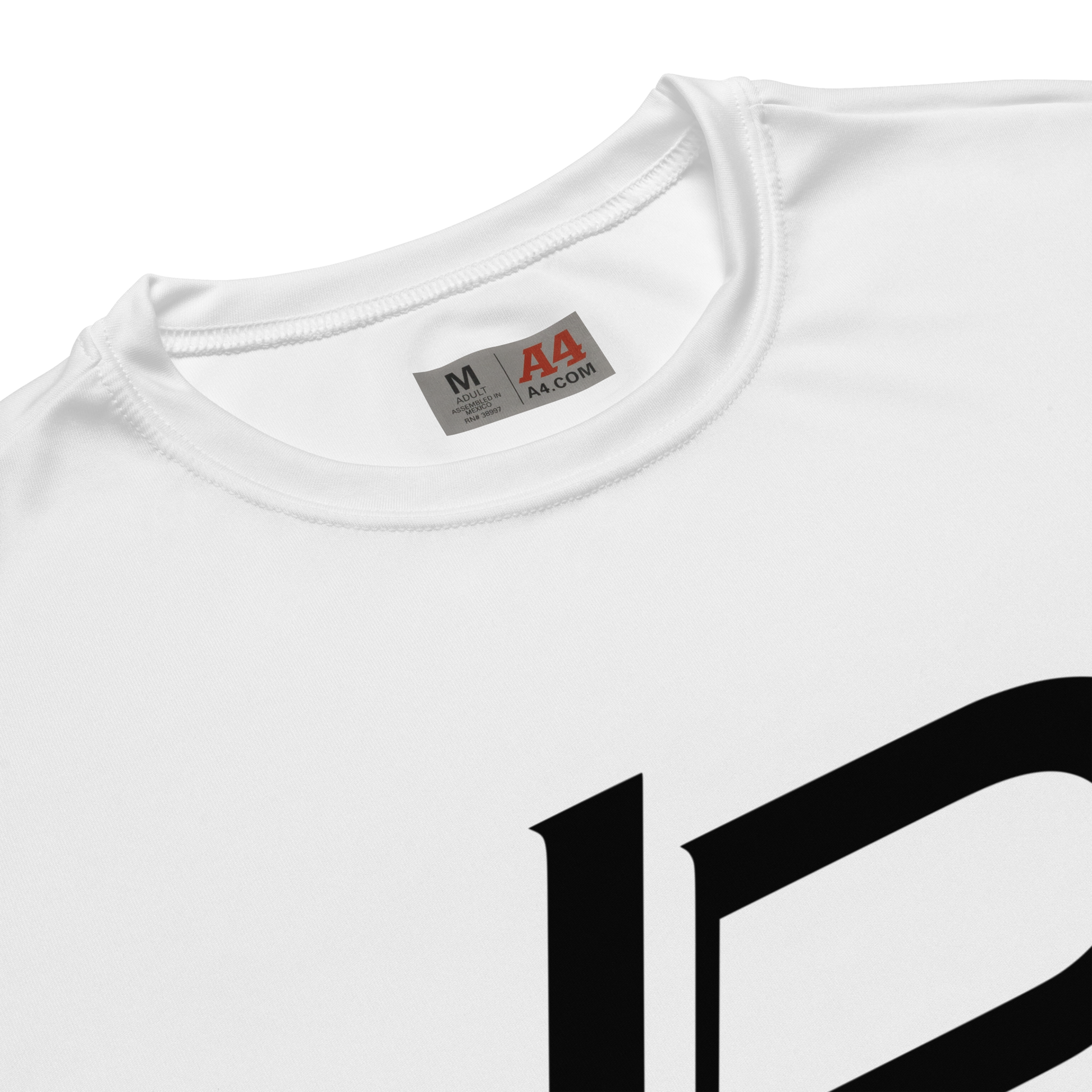 Close-up of the tag of a white adult crew neck performance shirt showing a bold black LP logo graphic partially visible at the hem, apparel mockup.