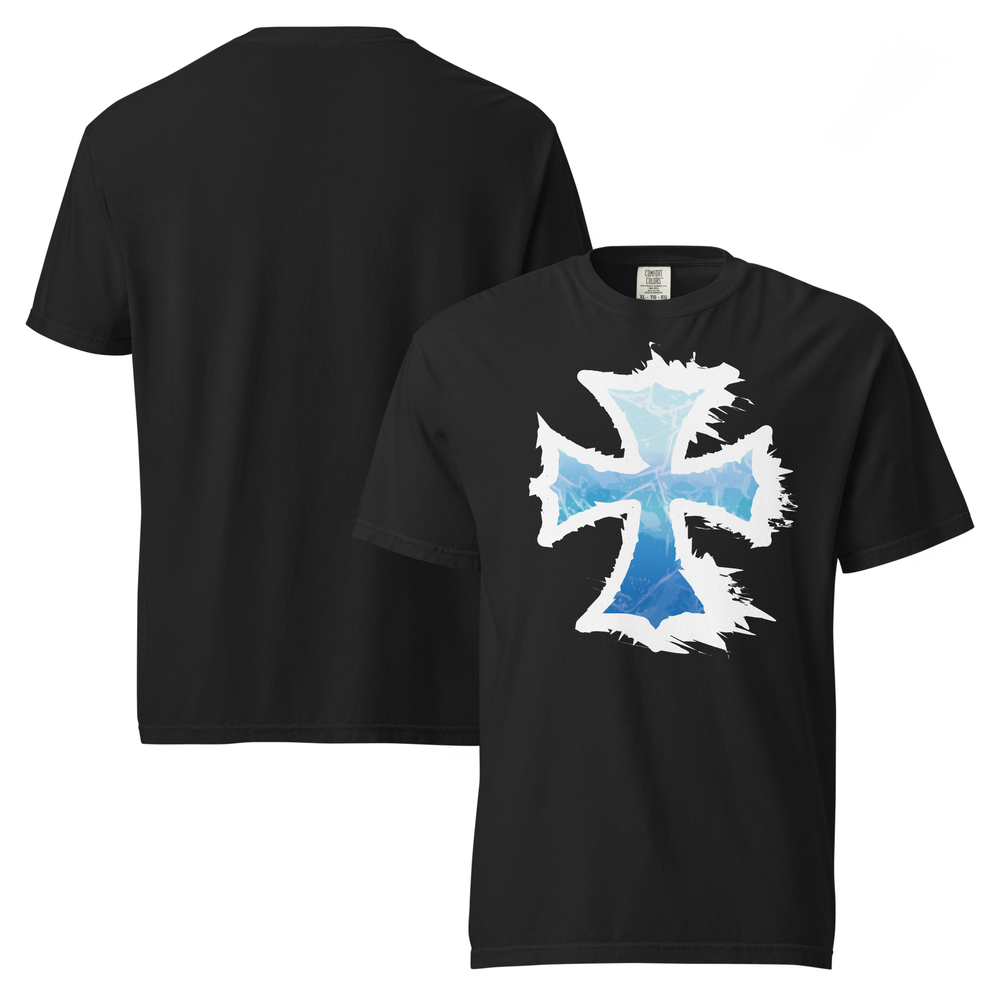 Black unisex tee featuring a jagged white iron cross graphic with an icy blue crystalline fill on the front chest. Front and back view.