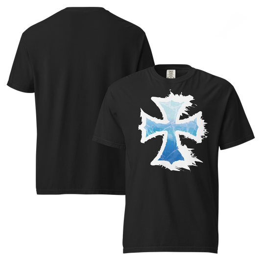 Black unisex tee featuring a jagged white iron cross graphic with an icy blue crystalline fill on the front chest. Front and back view.