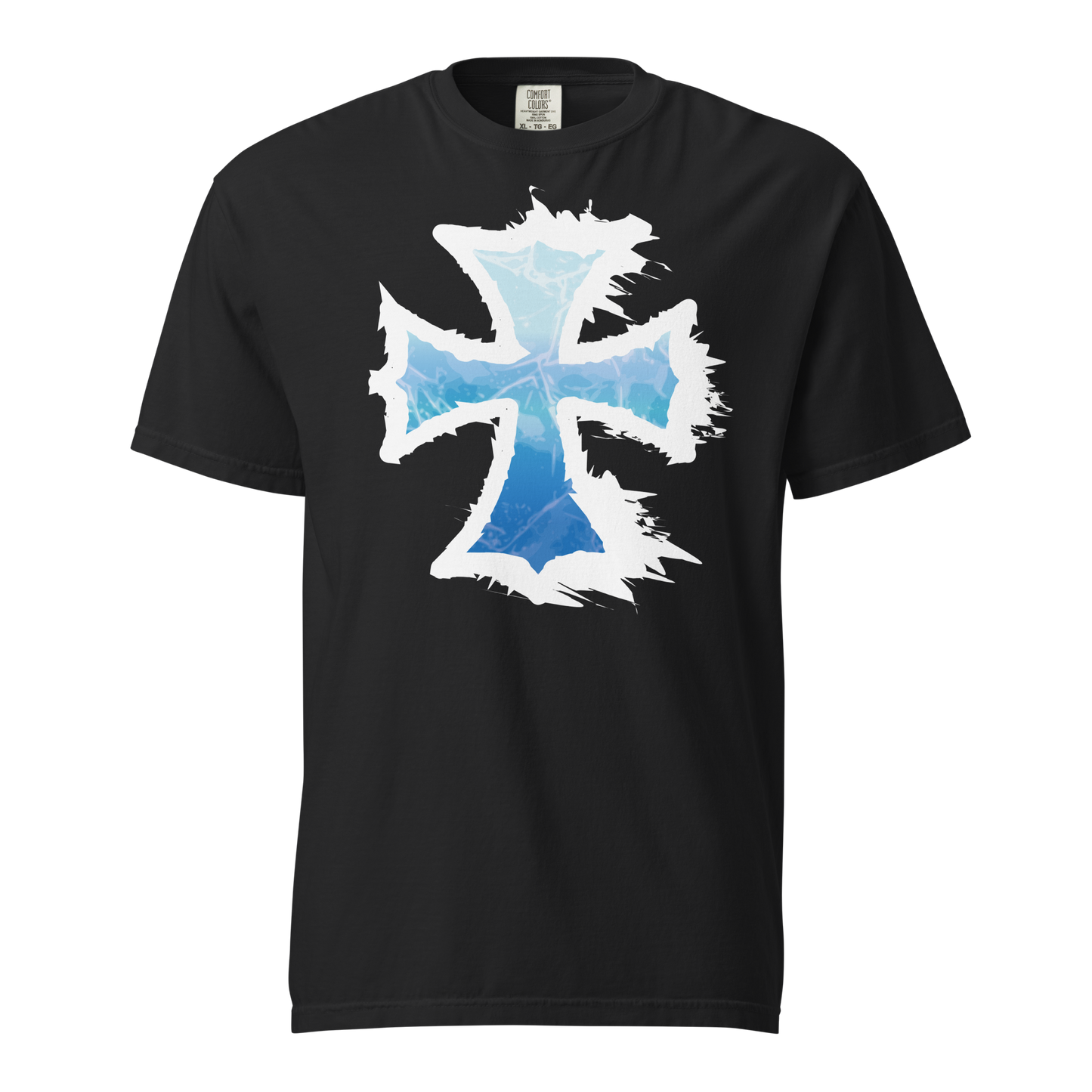 Black t-shirt featuring a jagged, shattered iron cross graphic in white with an icy blue gradient interior, evoking a frozen dark fantasy aesthetic. Apparel graphic tee.