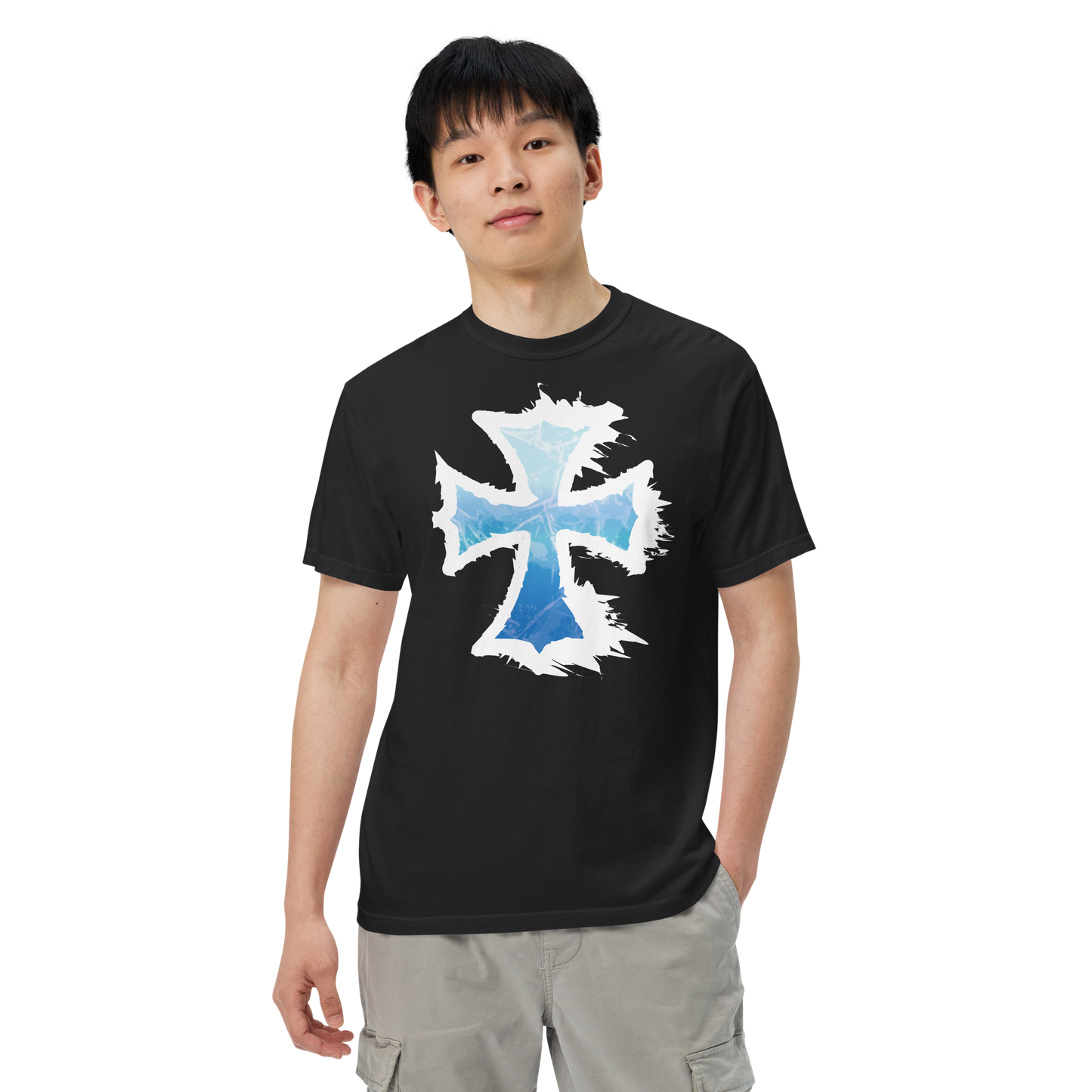Black unisex t-shirt featuring a jagged-edged cross graphic filled with icy blue cracked texture and white splatter detailing, worn by a male model.