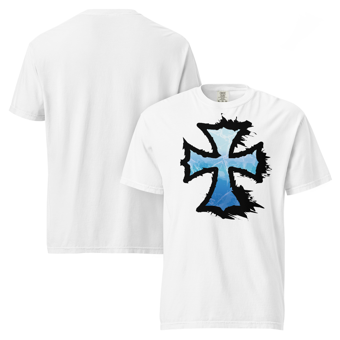 White unisex t-shirt featuring a jagged black iron cross graphic with an icy blue interior, shown front and back; dark fantasy apparel.