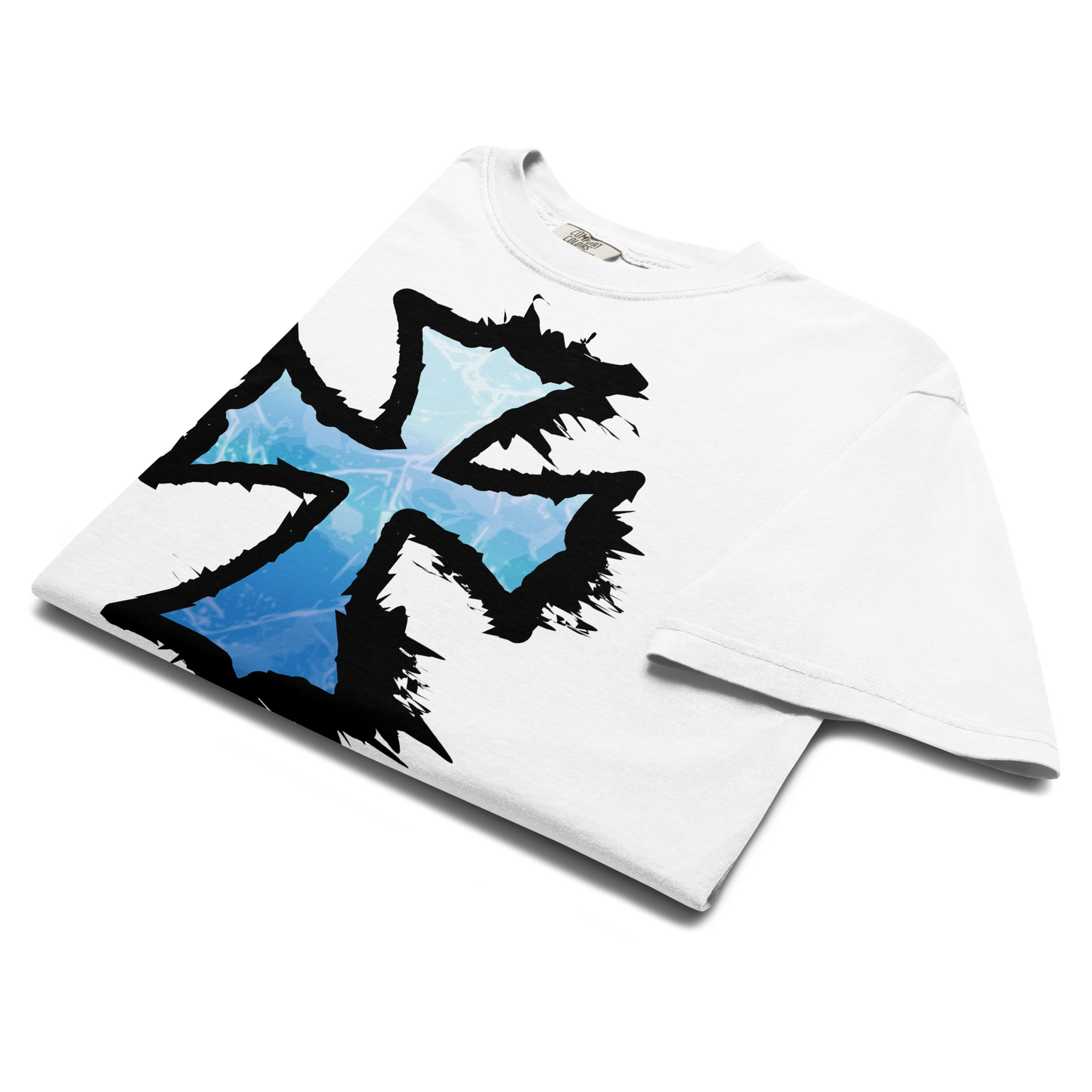 White folded t-shirt featuring a jagged black iron cross with a glowing blue icy interior, dark fantasy apparel graphic.